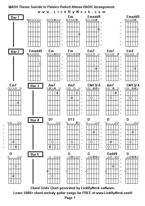 Chord Grids Chart of chord melody fingerstyle guitar song-MASH Theme Suicide Is Painles-Robert Altman-BASIC Arrangement,generated by LickByNeck software.